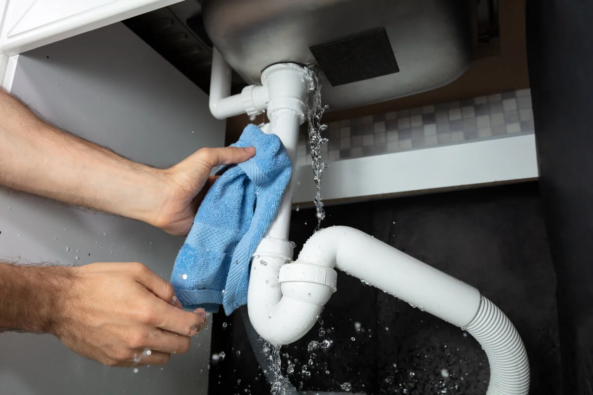 Jack Plumbing technician repairing leaking drain pipes under sink
